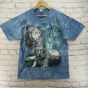 Siberian Tiger Print Blue Gildan Graphic Tee T Shirt Mens Sz L